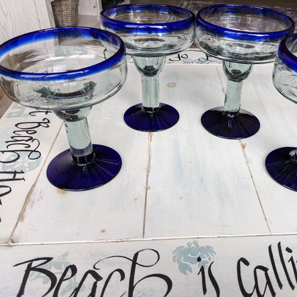 Dining Fiesta Time Set Of 4 Hand Blown Heavy Traditional Mexican Margarita Glasses Blue Poshmark